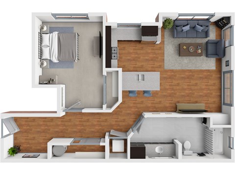 Floor plan for 1 bed, 1 bath, 725 sqft